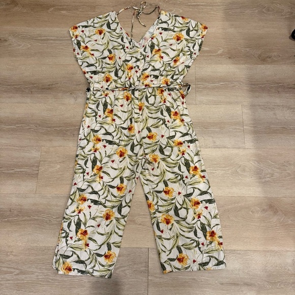 Kensie Jeans 100% Linen Floral Print Jumpsuit Relaxed Boho Lagenlook Sz Large - Picture 9 of 12